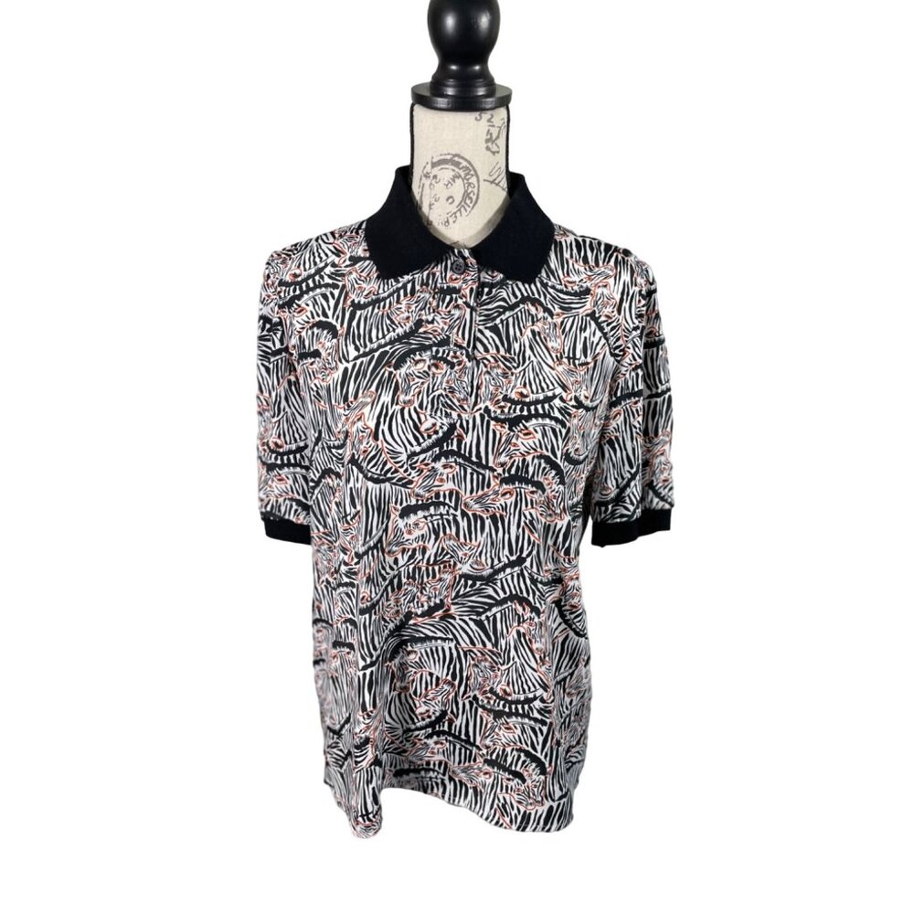 Vintage Kelly Scott Zebra Print Black Collar Womens Polo Blouse Shirt sz 6